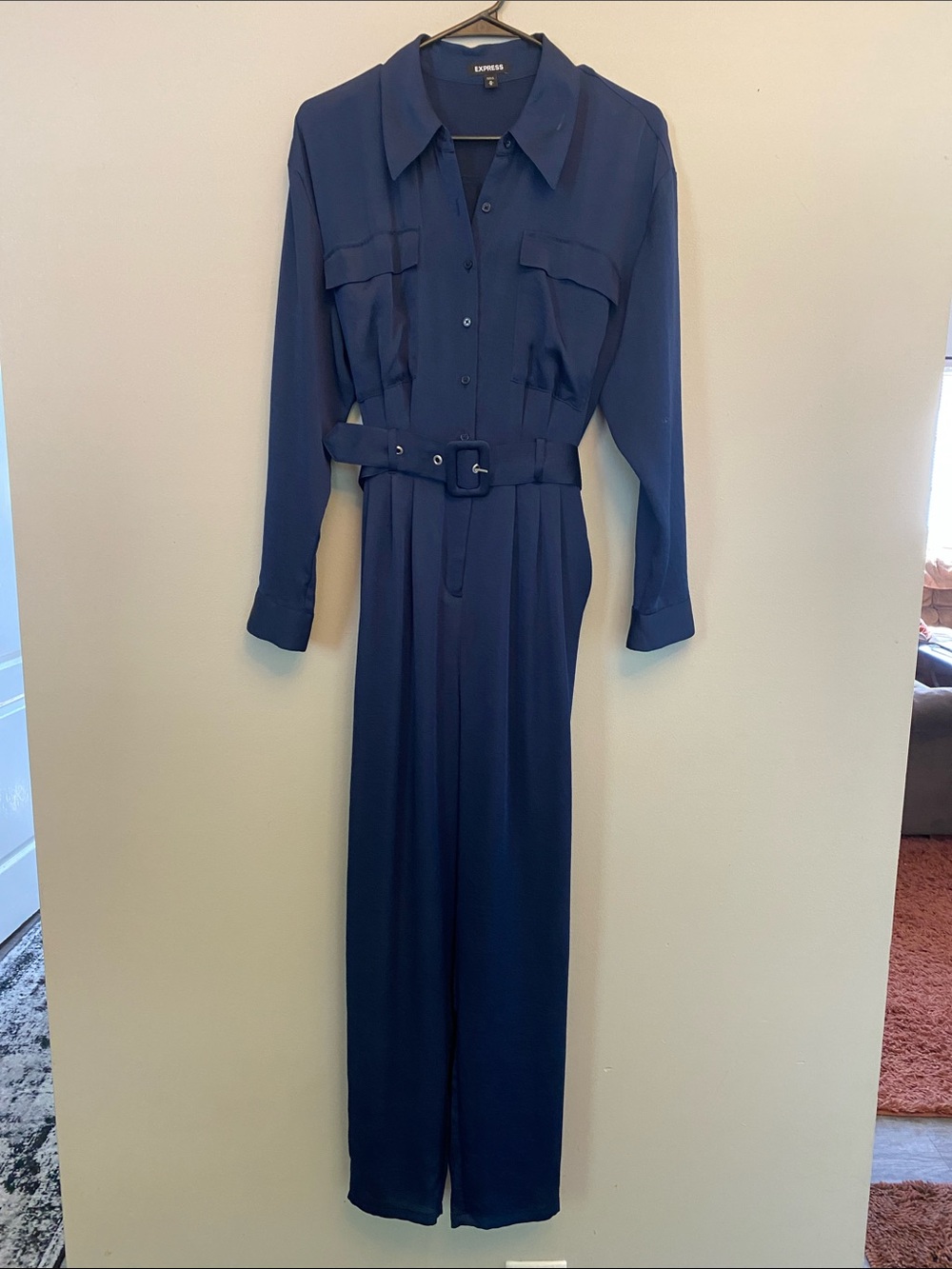 Express Silky Button-Front Belted Long-Sleeve Jumpsuit